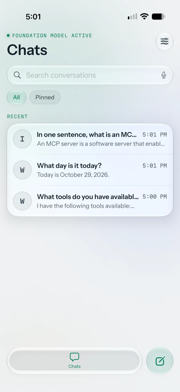 The Chats list: a search field, the All and Pinned filters and three recent conversations, with the on-device Foundation Model shown as active. (Paper theme)