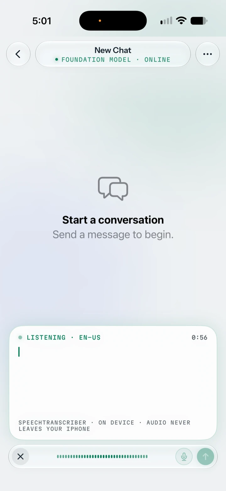 Dictation in progress: a Listening panel transcribes the speech live, with a sound wave and the note that the audio never leaves the iPhone. (Paper theme)