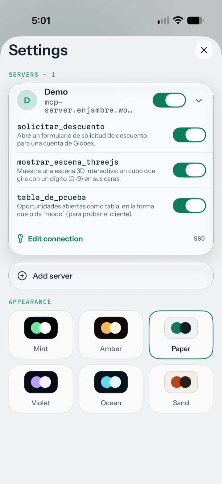 The Settings screen: a connected MCP server with its three tools, each with its own switch, an Add server button and the six app themes to choose from. (Paper theme)