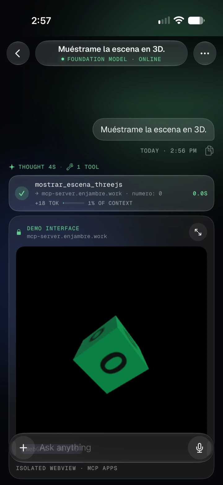 An MCP app in the chat: a green 3D cube with a digit on its faces, turning inside an isolated web view.